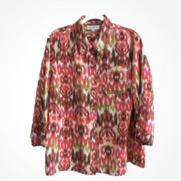 Jones New York Sport Women Size 2X Blouse Top Button Orange Green Brown Linen - Picture 2 of 7